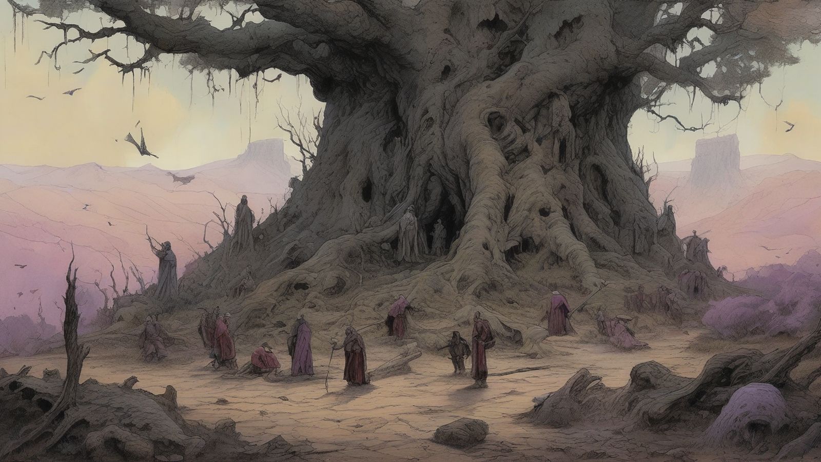 Robed figures before a vast withered tree