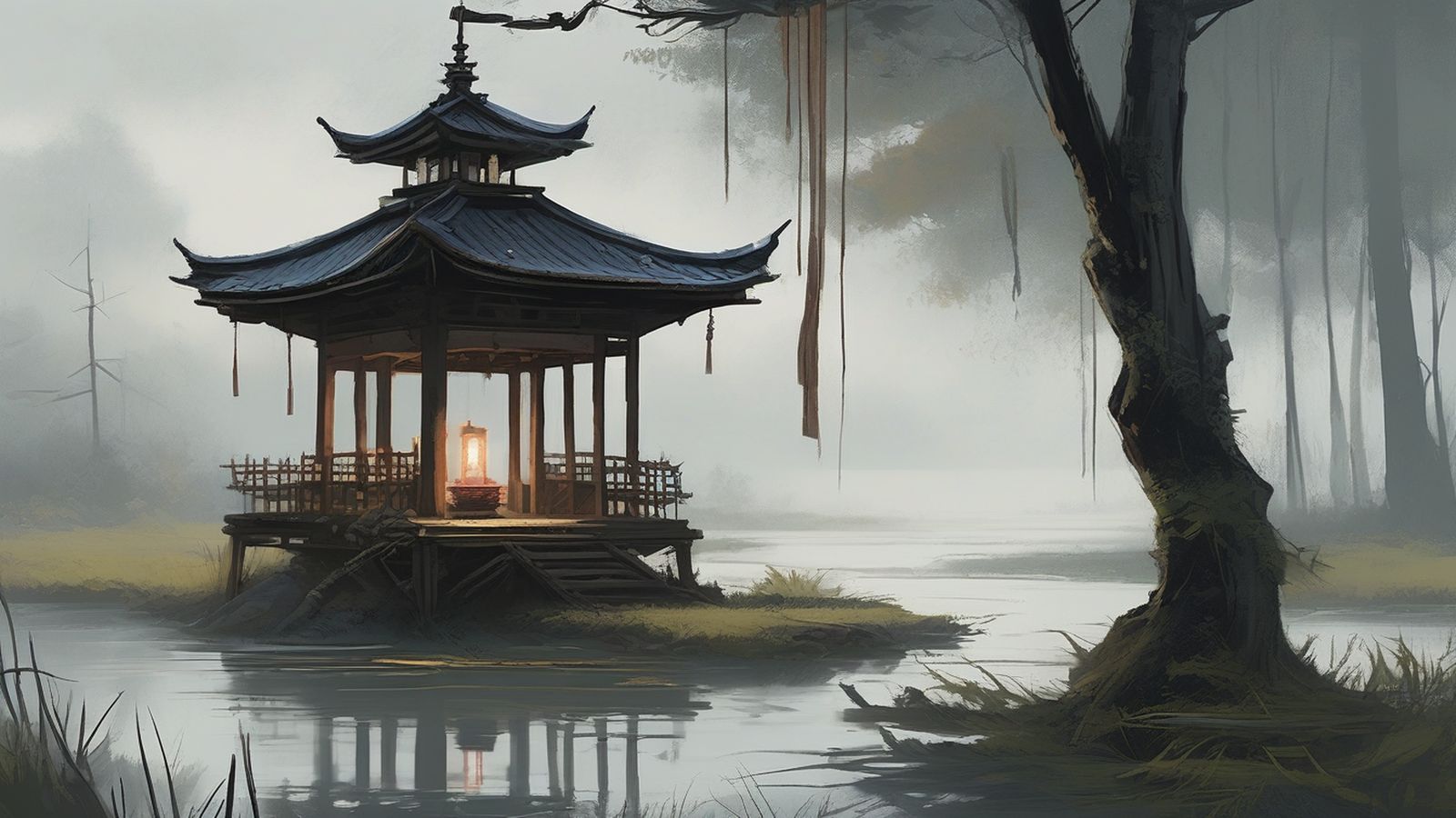 A shrine standing in still, misty water