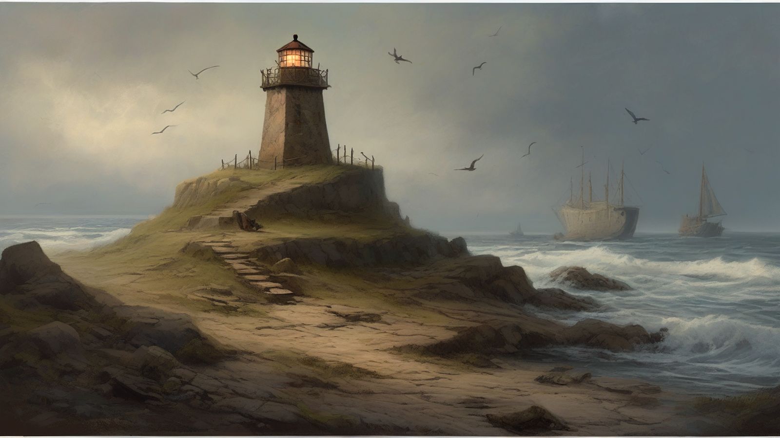 A lighthouse on a headland over the sea