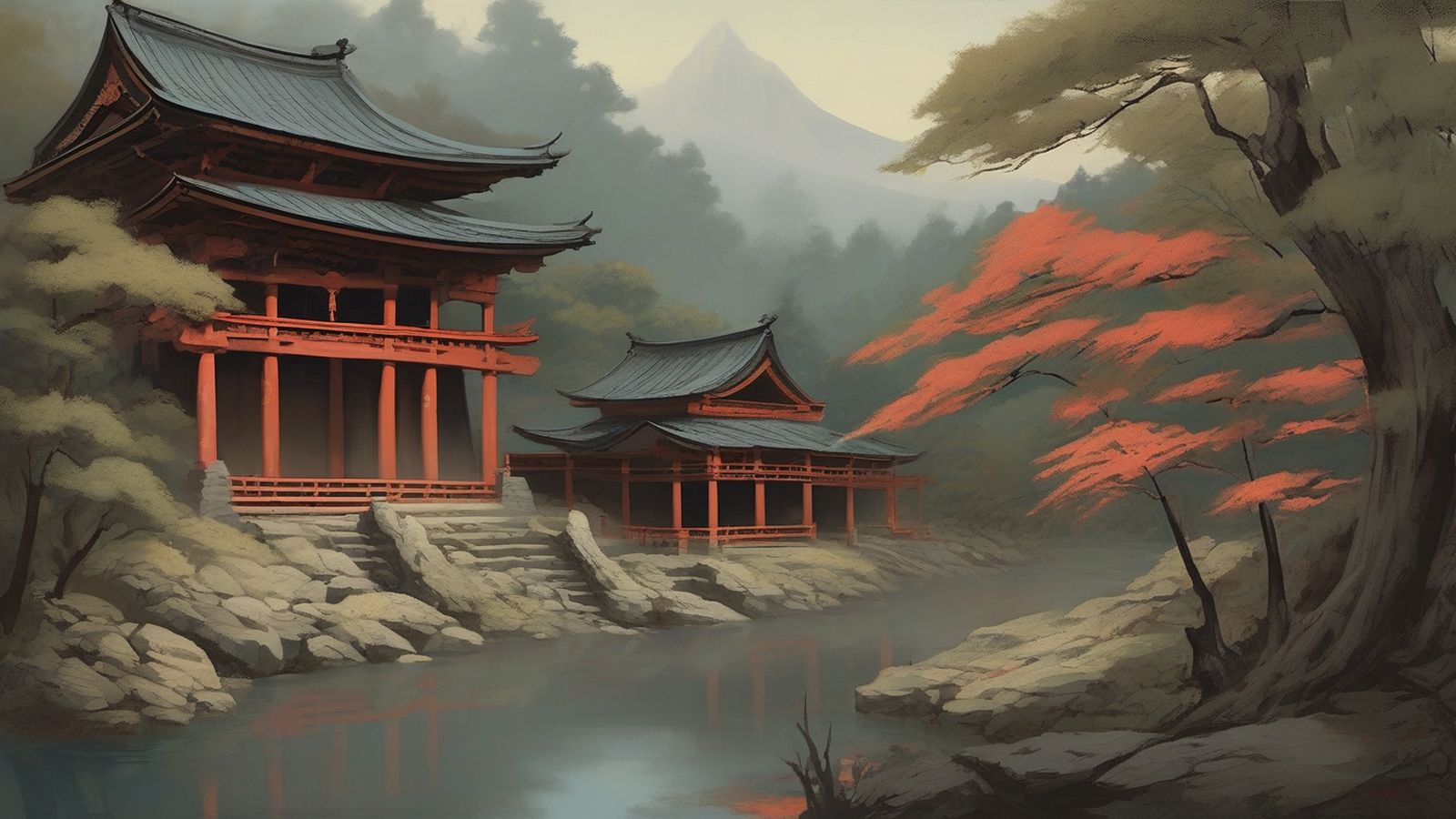Red shrines by a river under autumn maples
