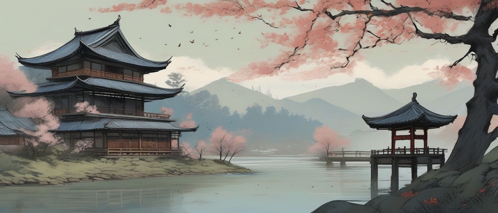 The pagoda of Hanazono among cherry blossom by a lake