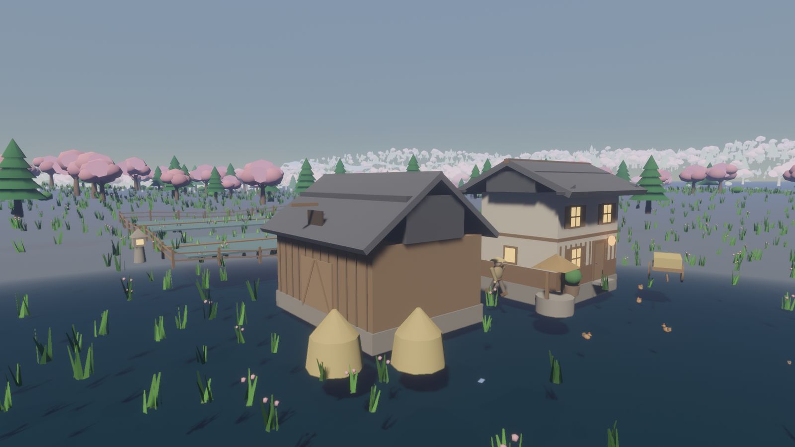 A Kamizumi farmstead among blossom trees