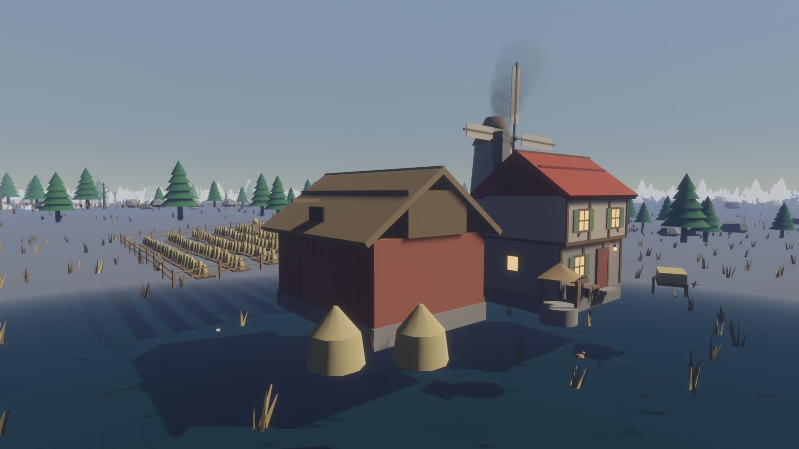 A Wyrdholt farm with a windmill and hayricks