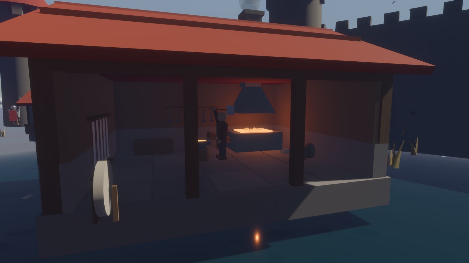 An open forge under a red roof