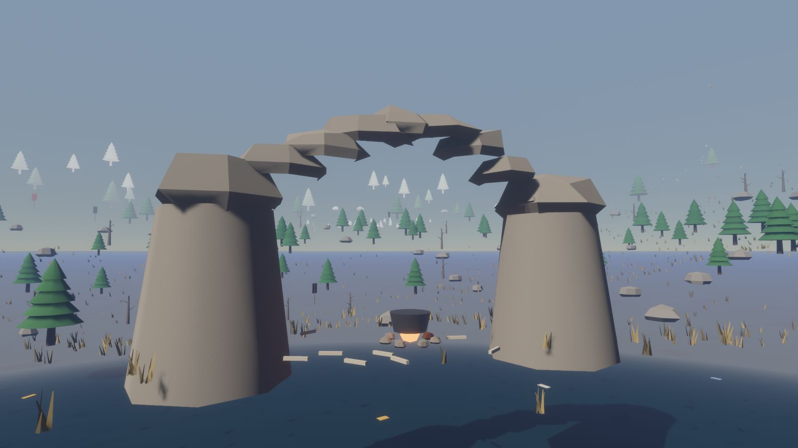 A broken stone arch over a river